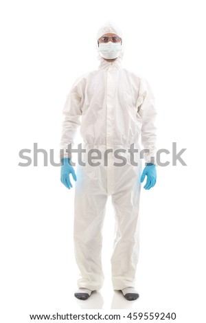 Man scientists wear protective clothing. on a white background