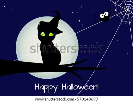 Halloween Card Black Cat With Witch Hat A Big Spider Against Full Moon