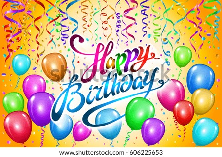 Happy Birthday typography vector design for greeting cards and poster with colorful balloon, orange background art