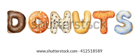 Hand Painted Watercolor Colorful Word Donuts Stock Ilustrace 412518589