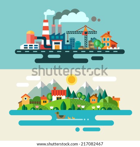 Urban and village landscape. Ecology, environmental protection: production, factory, plant, pollution, smoke, building. Vector flat illustrations