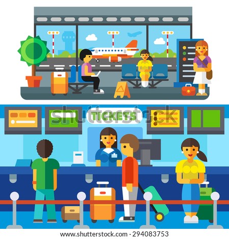 Check at the airport, travelers waiting to plane in the waiting area. Tourists with suitcases. Transfer, happy arrival home. Vector flat illustration