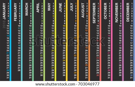 Creative wall calendar 2018 with vertical rainbow and contrast design, sundays selected, english language. Multicolored template for web, business, print, postcard, wall, bookmark and banner.