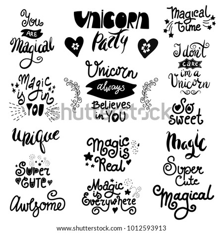 set unicorn theme quotes phrases handwritten stock vector