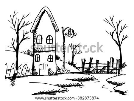 Vector Landscape Sketch Old House On Stock Vector 382875883 - Shutterstock