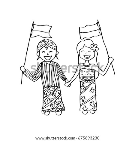 Indonesia Man Woman Traditional Costume Stock Vector 675893230