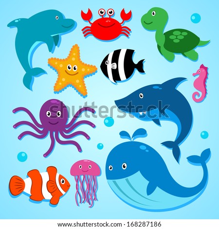 Vector Illustration Cute Cartoon Animals Sea Stock Vector 168287186