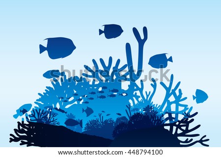 Vector illustration of sea life and coral on seabed background.