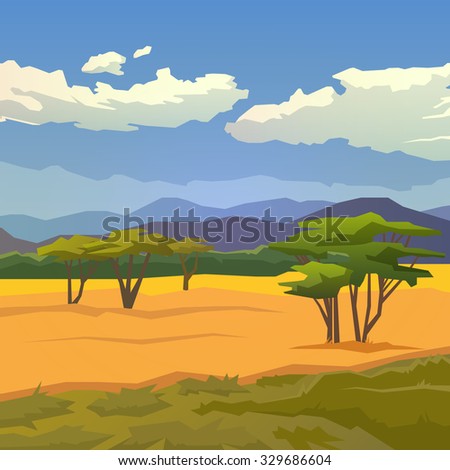 Vector illustration on themes: nature of Africa, safari, noon in Savannah, hunting, camping, trip. African landscape. Modern flat design.
