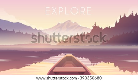 Sailing boat. First person. Mountain landscape. Mountain lake. Outdoor recreation. Vector illustration. Dawn.