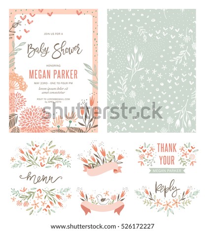 Baby Shower invitation templates with floral and typographic design elements. Menu, Thank You, Reception Card, seamless pattern and banners. Vector illustration.