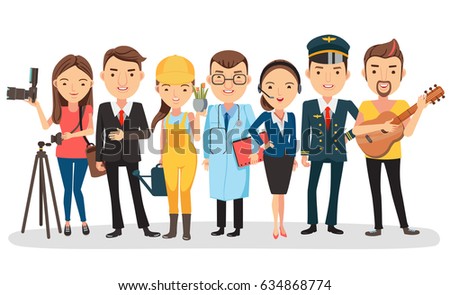 People vocation of different professions. Photographer, businessman, gardener, operator, police. Isolated on white background Vector illustration