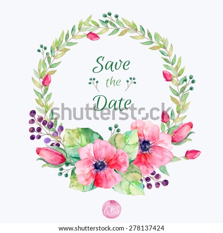 Vector flowers set. Colorful floral collection with leaves and flowers, drawing watercolor. Spring or summer design for invitation, wedding or greeting cards. Floral wreath for your own combinations