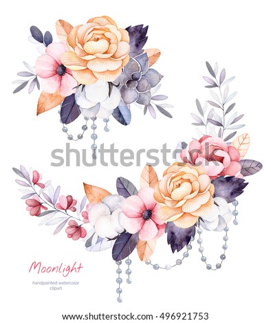 Beautiful winter collection with branches,cotton plants,flowers,strings of pearls,succulent,colorful leaves.2 winter bouquets for your unique design.Perfect for Christmas card,wedding,invitations etc