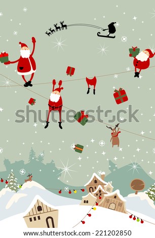 Santa Claus falling to the town in Christmas eve