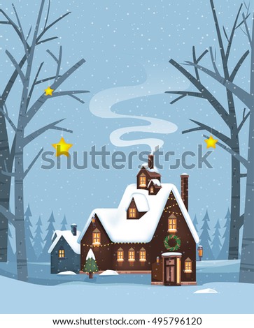 Cozy Log Cottage Winter Scene Snowman Stock Illustration 118739419 ...