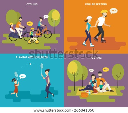 Family with kids concept flat icons set of cycling, roller skating, playing with children and outing. Active leisure and picnic in the park