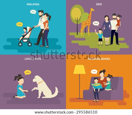 Happy parents are playing with children. Family with concept flat icons set of reading books, playing with pet, visiting zoo and walking. Flat family vector illustration