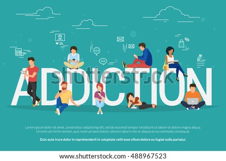 Addiction concept illustration of young people using devices such as laptop, smartphone, tablets. Flat design of people addicted to gadgets sitting on the bid letters with social media symbols