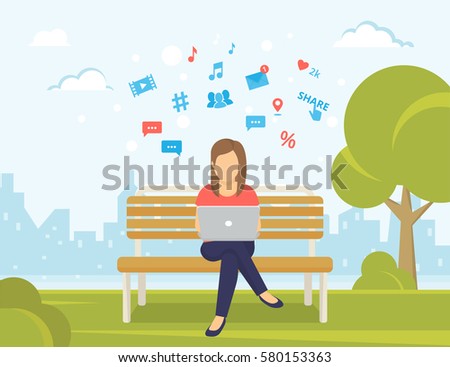 Young woman sitting in the park on the bench and working with laptop. Flat modern illustration of social networking and texting to friends