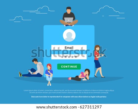 Log in form concept illustration of information security and access to social networks accounts and personal data. Flat young people using mobile devices such as laptop, smartphone and digital tablet