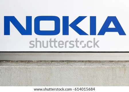 Villefranche, France - March 13, 2017: Nokia logo on a wall. Nokia is a Finnish multinational communications and information technology company