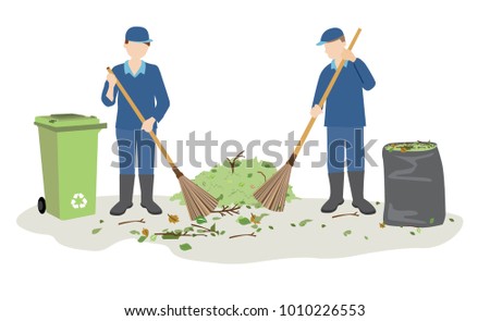 garbage man or janitor sweeping and cleaning litter and leaves