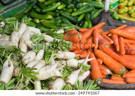 Vegetable displayed at Vinh Long fruit market, Mekong delta. The majority of Vietnam's fruits come from the many orchards of the Mekong Delta