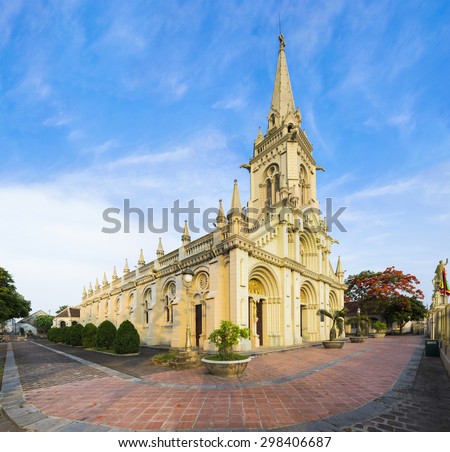 Panorama view of a commune church in Kim Son district, Ninh Binh province, Vietnam. The building is a travel destination for tourist visiting Ninh Binh
