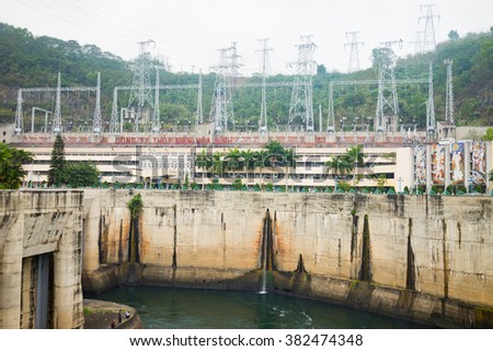 Hoa Binh, Vietnam - Jan 14, 2016: View of Hoa Binh Hydroelectricity Plant. The plant was built from 1979 to 1994 with 8 machines provides 1920 MW, equal to one third of productivity of Vietnam.