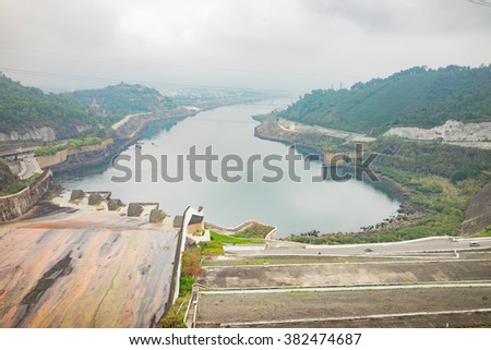 Hoa Binh, Vietnam - Jan 14, 2016: Hoa Binh Hydroelectricity Plant area on misty day. The plant was built from 1979 with 8 machines provides 1920 MW, equal to one third of productivity of Vietnam