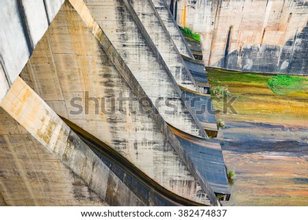 Hoa Binh, Vietnam - Jan 14, 2016: Outlet discharge gate in Hoa Binh Hydroelectricity Plant. The plant built from 1979 with 8 machines provides 1920 MW, equal to one third of productivity of Vietnam.