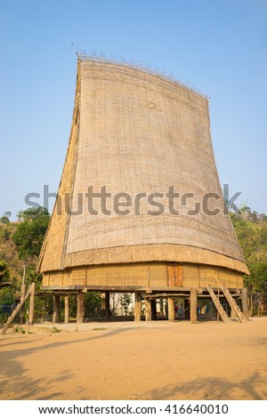 Rong house in Bahnar villages in Central Vietnam. The Rong is used as a venue for festivals and village meetings, is the communal house of villages of the Bahnar, Jarai and other ethnic minorities