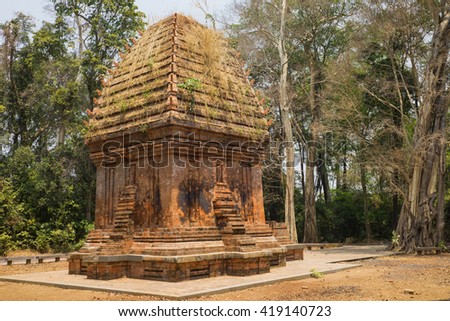 Side view of the only Cham Tower in jungle in Central Highlands of Vietnam, Yang Prong Tower is situated in Ea Sup District, 100km away from Buon Ma Thuot