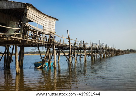 Phu Yen, Viet Nam - Mar 31, 2016: Ong Cop bridge ( Mr Tiger 's wooden bridge), the longest wooden bridge in Vietnam