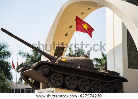 Buon Ma Thuot, Vietnam - Mar 30, 2016: Victory monument of a T-54 Tank in central point of city, crossroads of 6 roads to discover the Buon Ma Thuot city