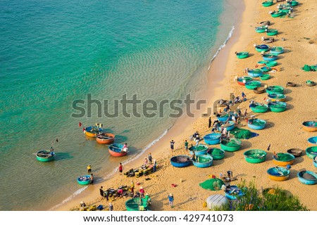 Aerial view of Quy Nhon beach with curved shore line in Binh Dinh province, Vietnam