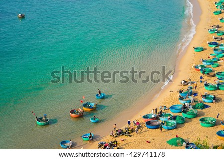 Aerial view of Quy Nhon beach with curved shore line in Binh Dinh province, Vietnam
