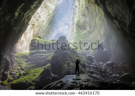 Mystery misty cave entrance in Son Doong Cave, the largest cave in the world in UNESCO World Heritage Site Phong Nha-Ke Bang National Park, Quang Binh province, Vietnam