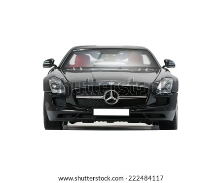 ALMATY, KAZAKHSTAN - june 22, 2014 - Collectible toy car Mercedes-Benz SLS Sedan isolated on white background