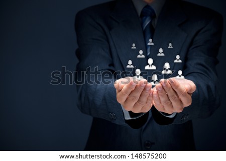 Customer care, care for employees, labor union, CRM, and life insurance concepts. Protecting gesture of businessman or personnel and glass cubes with icons representing group of people.
