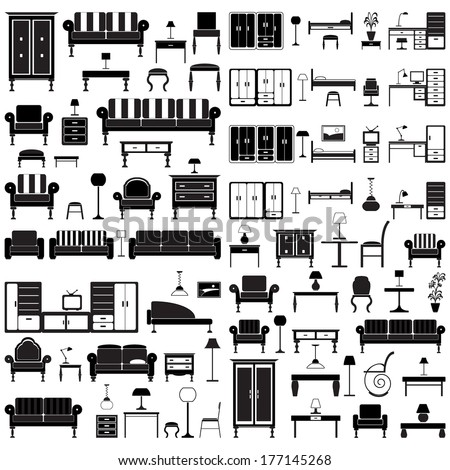 Home furniture icons set, isolated on white background, vector illustration.