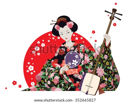 Vector illustration. Attractive japanese girl wearing kimono holding fan and shamisen with red sun and cherry flowers behind. Isolated on white.