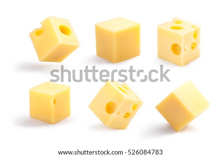 Set of holey, plain, steady and tippy cheese cubes. Clipping path for each cube, shadows separated