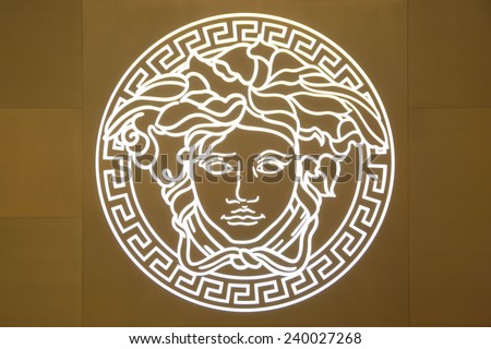 Singapore, Bayfront Avenue - December 19, 2014: Close up of Versace brand logo in front of Vasace shop inside Marina Bay Sands