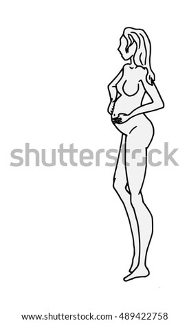 Line Drawing Young Pregnant Woman Stock Illustration 489422749