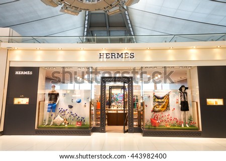 SUVARNABHUMI AIRPORT, SAMUT PRAKRAN, THAILAND - JUNE 18 ,2016 : View of Hermes shop in duty free zone of the airport. Hermes is a luxury french fashion brand.