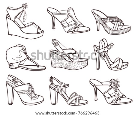 Set Of Fashion Shoes Coloring Book Vector Illustration