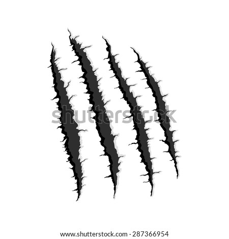 Vector black four vertical trace of monster claw, hand scratch ,rip through,break through with shadow and light isolated on white background
