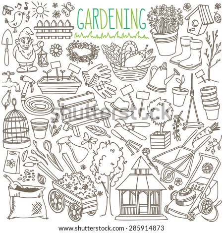 Garden themed doodle set. Various equipment and facilities for gardening, farming, agriculture and horticulture. Freehand vector sketches isolated over white background.